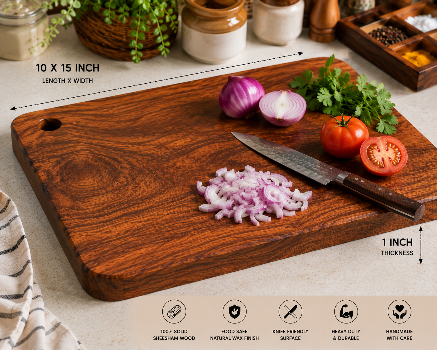 Premium Sheesham Wood Chopping & Serving Board | 10 × 15 Inch | 1 Inch Thick