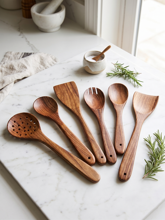 Premium Sheesham Wood Kitchen Utensils Set (6 Pieces) | Handmade Wooden Spatula & Ladle Set | 100% Natural & Safe for Clay Pots