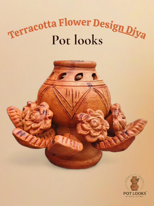 Terracotta Flower Design Diya Stand.டெரகோட்டா  அகல் விளக்கு  (agal velakku,deebam )
