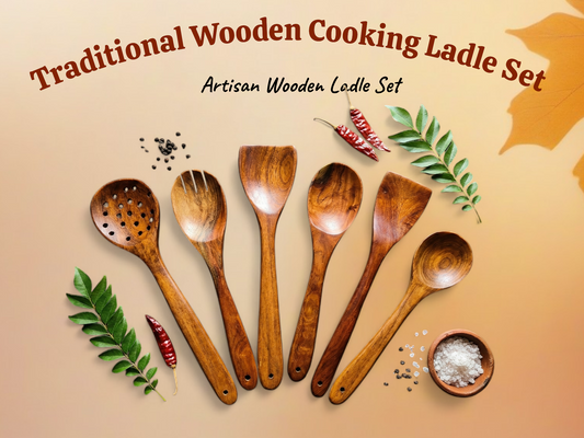 Traditional Wooden Cooking Ladle Set (Pack of 6) | Artisan Wooden Ladle Set  | மண்பானையின் உயிர் நண்பன்! |பாரம்பரிய மரச் சமையல் கரண்டி செட் (6 எண்ணிக்கை) - POT LOOKS™
