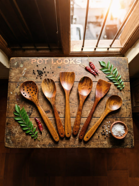 Traditional Wooden Cooking Ladle Set (Pack of 6) | Artisan Wooden Ladle Set  | மண்பானையின் உயிர் நண்பன்! |பாரம்பரிய மரச் சமையல் கரண்டி செட் (6 எண்ணிக்கை) - POT LOOKS™