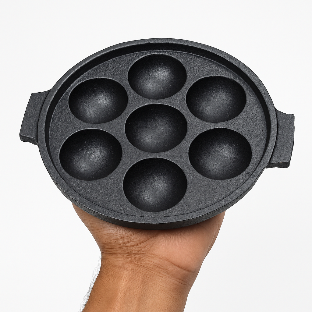 Perfect, Fluffy Paniyaram at Home |Pre-seasoned & Ready to Cook | Traditional Black\ brown Clay Kuzhi Paniyara Pan – 7 Kuzhi