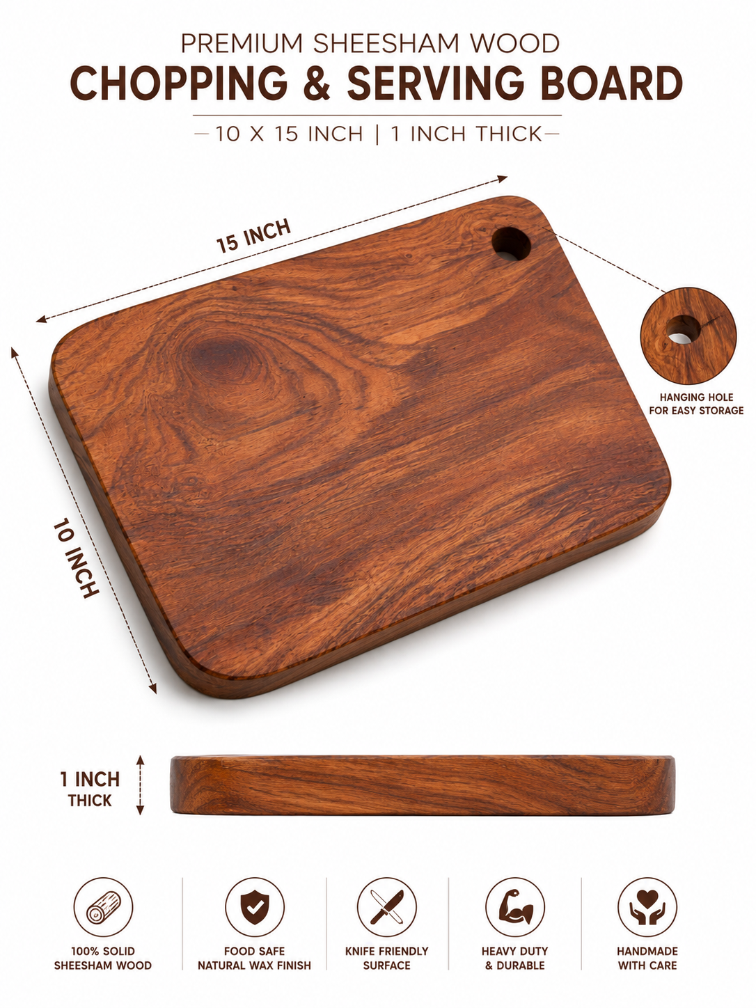 Premium Sheesham Wood Chopping & Serving Board | 10 × 15 Inch | 1 Inch Thick