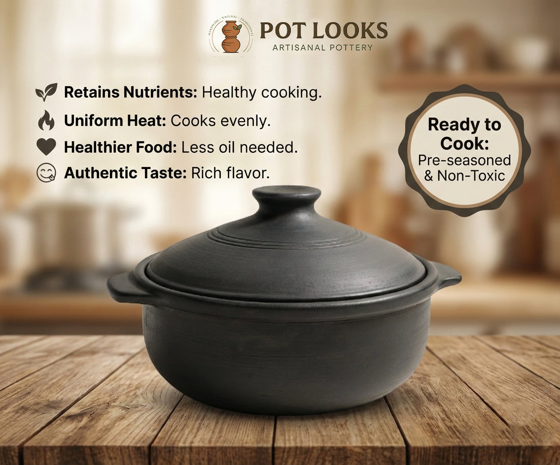 Premium Traditional Black Clay Curry Pot (Pre-Seasoned ) | Karuppu Man Satti