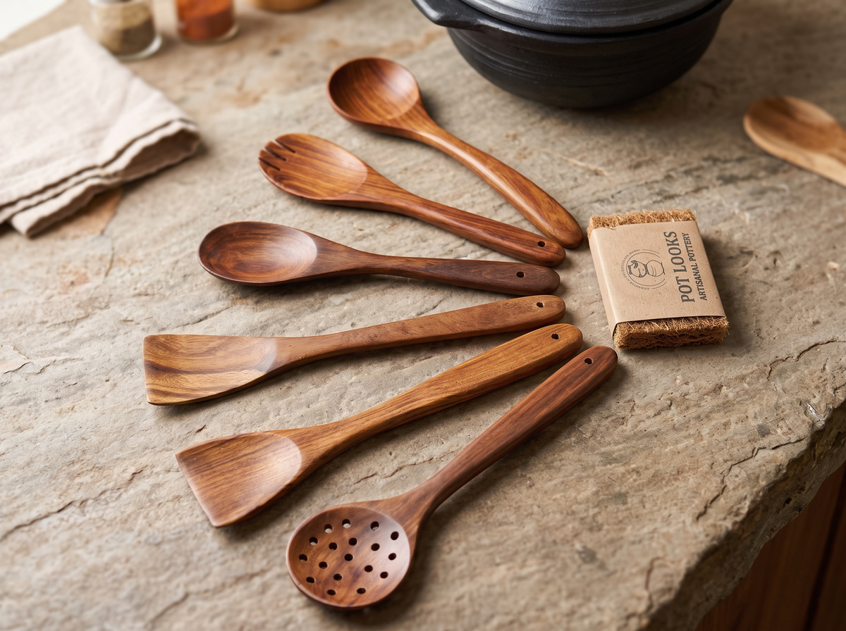 Pot Looks™ Complete Healthy Kitchen Combo |  Premium Black Clay Pot with Lid (3 litter) , 6 Wooden Spatulas, Natural Scrub & FREE Recipe E-Book