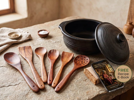 Pot Looks™ Complete Healthy Kitchen Combo |  Premium Black Clay Pot with Lid (3 litter) , 6 Wooden Spatulas, Natural Scrub & FREE Recipe E-Book