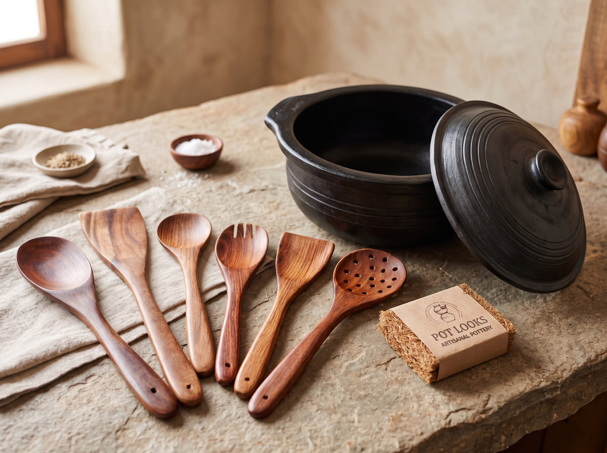 Pot Looks™ Complete Healthy Kitchen Combo |  Premium Black Clay Pot with Lid (3 litter) , 6 Wooden Spatulas, Natural Scrub & FREE Recipe E-Book
