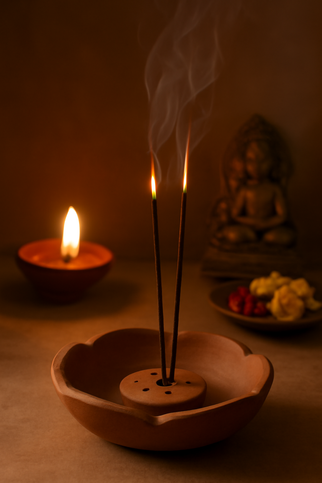Traditional Clay Incense Holder - Lotus Design (uthu patti stand )